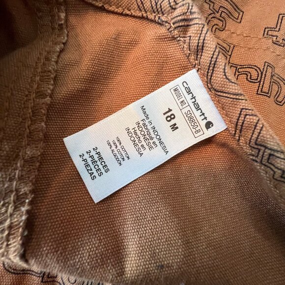 Carhartt Baby Overalls 18M Brown Allover Logo Print Durable All Cotton - Picture 3 of 11